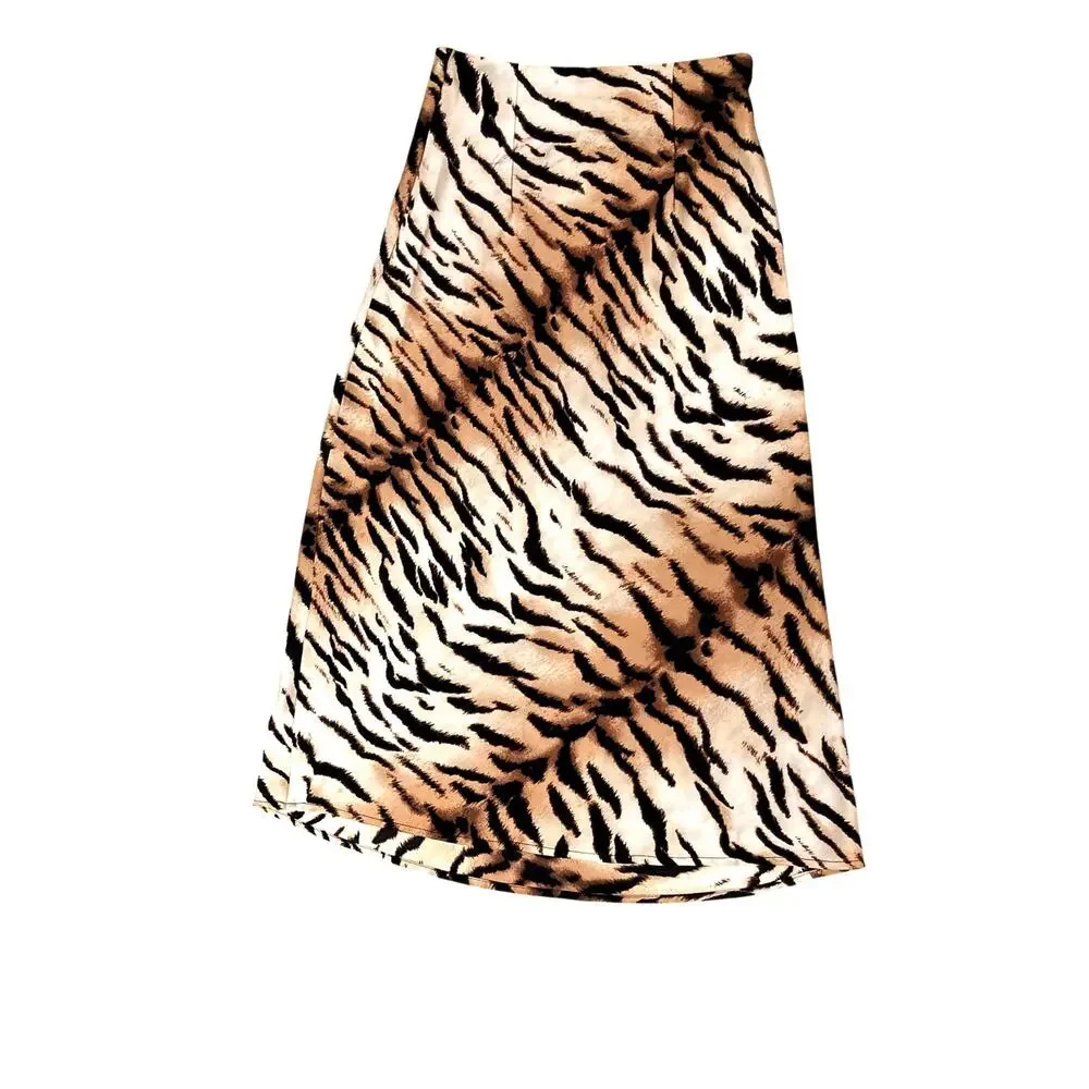 Satin Tiger Animal Print Midi Skirt A-Line 2010s Revival Y2K Street Style EUC